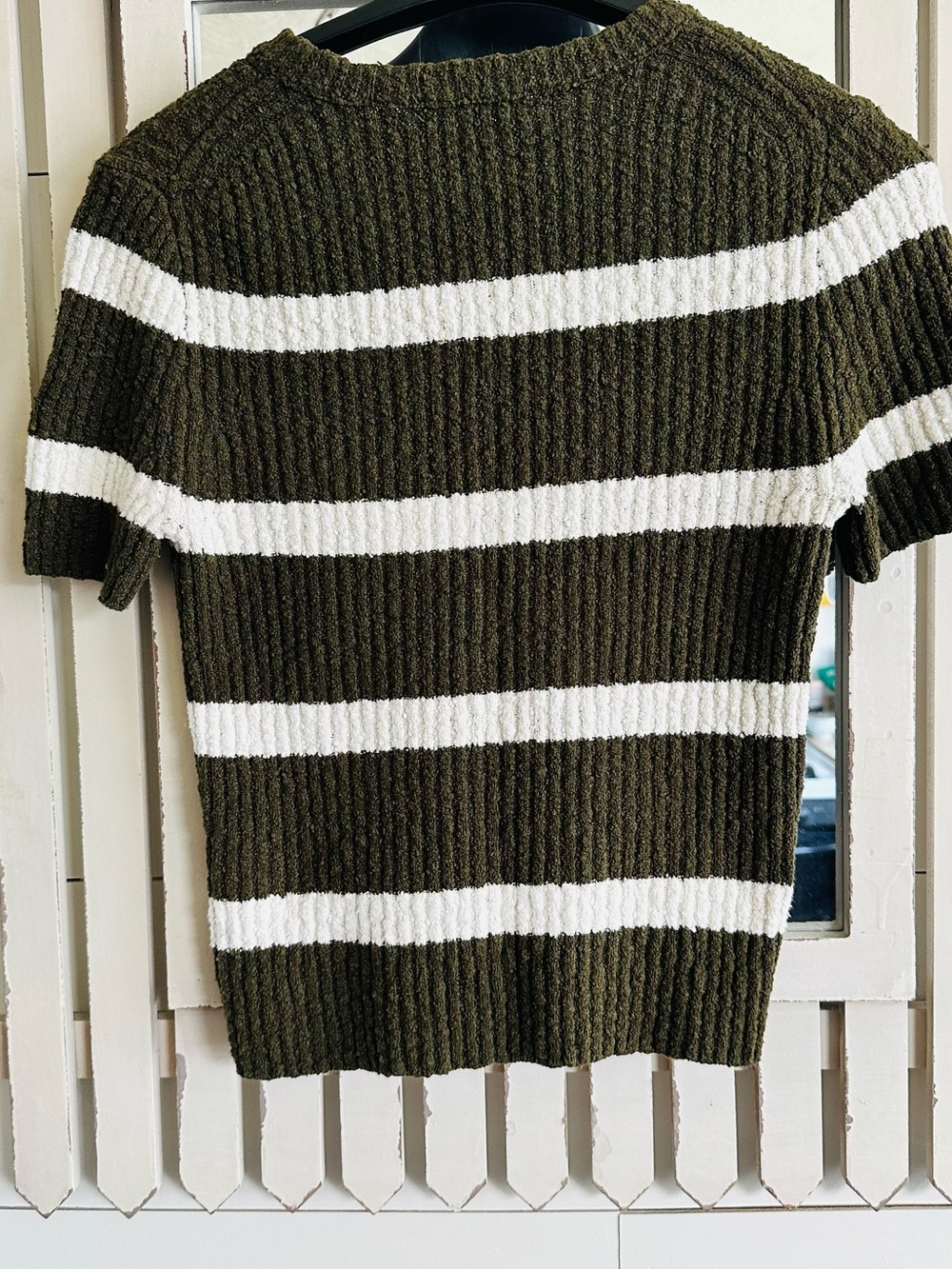 Madewell Olive Green & White Striped Ribbed Crew Sweater